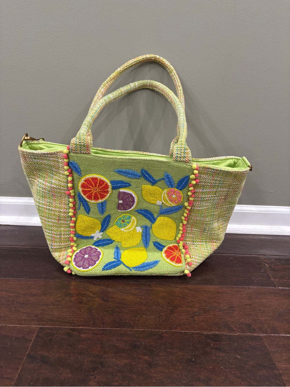 America & Beyond Lime Green Citrus Beaded Tote Bag